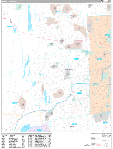 West Hartford Wall Map Premium Style